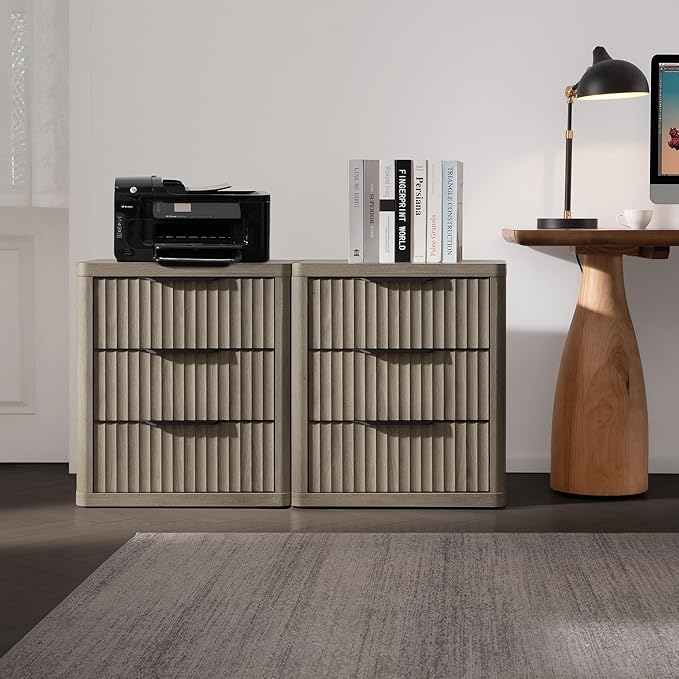 SICOTAS Night Stand Nightstand with 3 Drawers Storage Bedside Table Large Fluted Bed Side End Table Modern 25.6" Tall Wide Night Stands for Bedroom Living Room Sofa Couch Home Office, Grey Alder