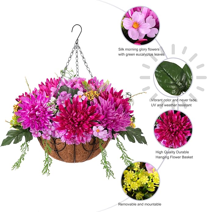 HyeFlora Artificial Fall Mums Flowers Baskets for Outside Decoration, Fake Hanging Silk Fuchsia Flower, Faux Chrysanthemum Summer UV Resistant Realistic for Porch Yard Autumn Decor