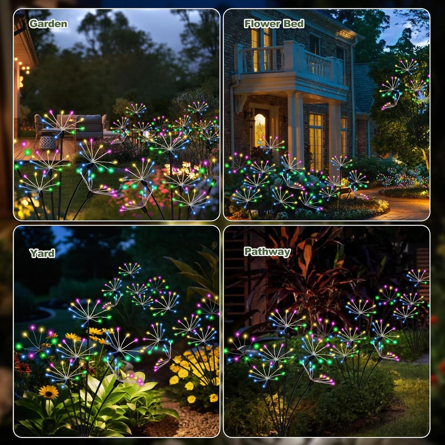Kwaiffeo 4 Pack Solar-Powered Firework Fairy Lights, Solar Light Outdoor Waterproof Christmas & Garden Decor for Pathway/Patio/Yard - Gardening Gifts for Women (Multicolor)