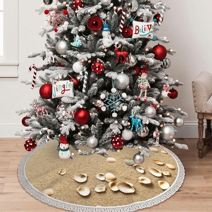 keepcute 48 Inch Beach Christmas Tree Skirt, Seashells on Sand Summer Beach Tree Mat with Tassel for Christmas Decorations for Xmas Party, Holiday
