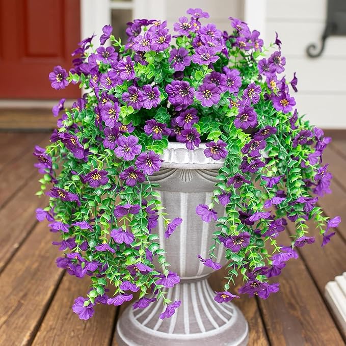 EROCK Artificial Flowers for Outdoors, 4PCS Fake Silk Hanging Flowers for Decoration UV & Fading Resistant, Realistic Faux Plants & Flowers for Porch Patio Balcony Window Box Home Decor (Purple)