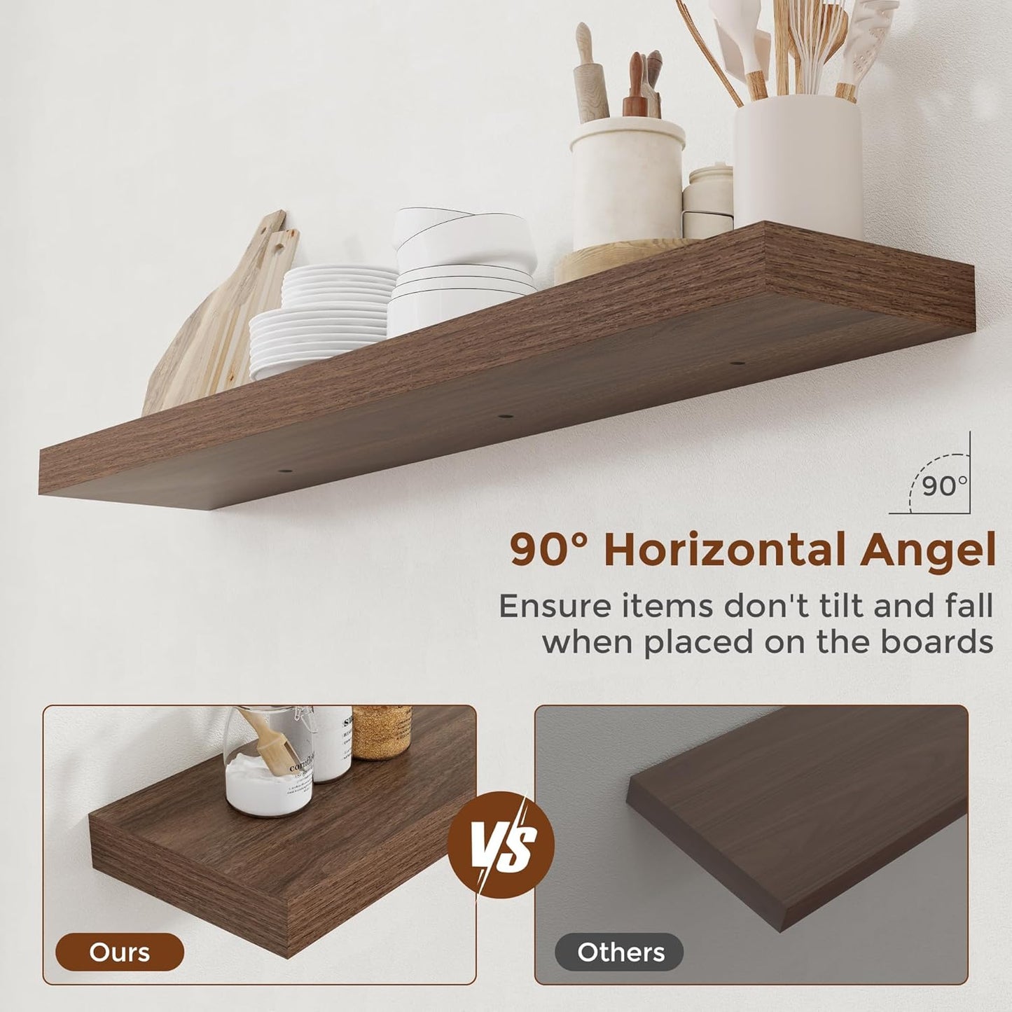 Heimlove 48 Inch Floating Shelves for Wall 8 Inch Deep Walnut Shelves Set of 2,Wall Mounted Rustic Wood Long Floating Shelf，Large Display & Storage Shelf with Invisible Brackets