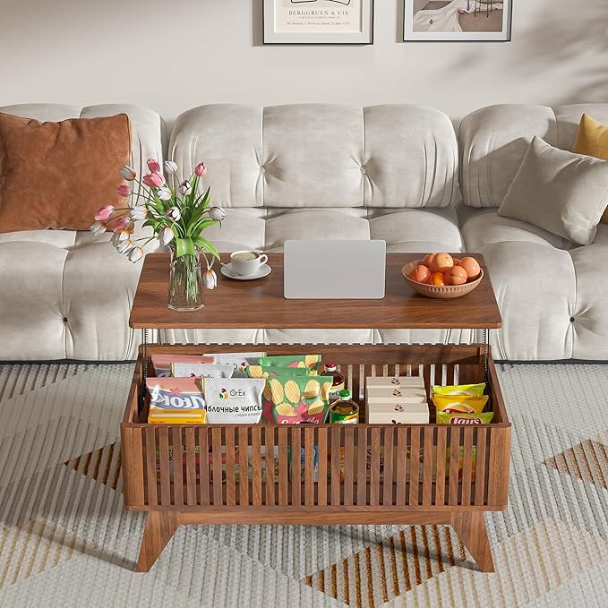 Lift Top Coffee Table with Hidden Compartment, Mid Century Modern Coffee Table for Living Room, Fluted Design Farmhouse Center Table with Storage (Walnut, 35.4" W)