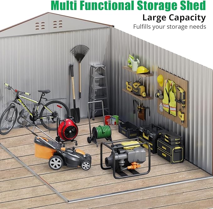 8X15 Ft Outdoor Metal Storage Shed with Roof, Weatherproof Steel Tool Shed with Lockable Door for Lawn Mower, Bike & Garden Equipment Storage