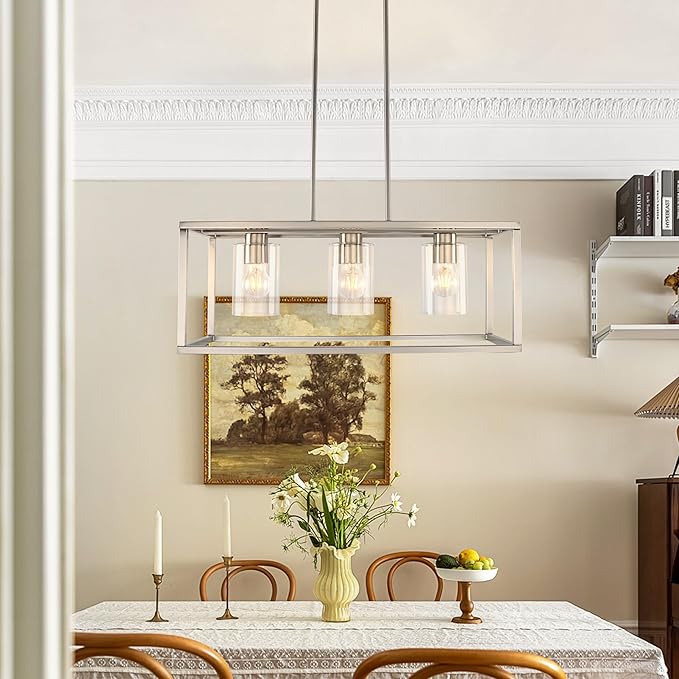 Kalium Chandeliers for Dining Room, 3 Light Dining Room Light Fixture Modern Metal Industrial Kitchen Lighting Fixtures Easy Installation Pendant Lights for Bar Restaurant-E26 Socket, Silver