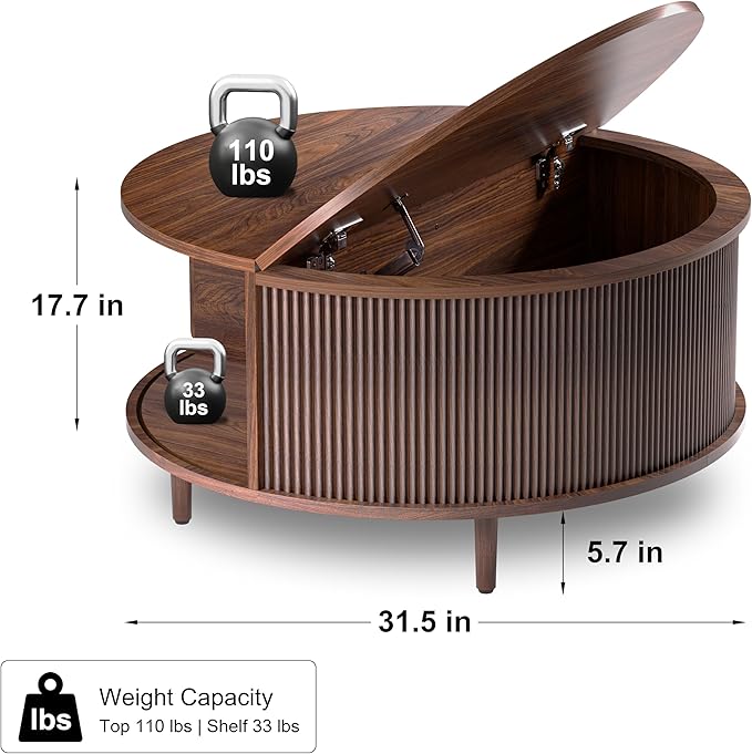 Round Coffee Table, 31.5" Fluted Center Table with Storage, Lift-Top Coffee Table with Adjustable Footpads, Sliding Door, Mid-Century Modern Center Table for Living Room, Small Space (Walnut)