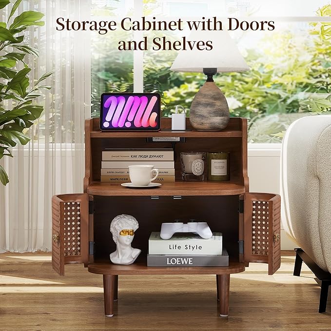 Metal Rattan End Table with Charging Station, Mid Century Modern Nightstand with 2 Doors, Bed Side Table with Storage for Couch,Living Room,Small Spaces, Sofa Side Table for Office,Dorm - Walnut