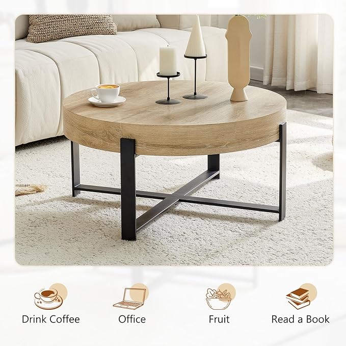 LKTART 31.5'' Round Coffee Table for Living Room, Modern Wood Handcraft Drum Coffee Table with Storage, Stainless Steel Legs Tea Tables, Apartment Small Space, Natural Wood