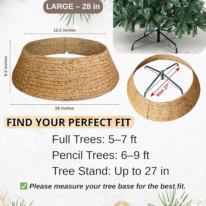 28" Wicker Christmas Tree Collar for Artificial Trees, Rustic 7.5ft Tree Basket Skirt, Farmhouse Base Cover for Pencil, Slim Christmas Tree Collars, Handwoven from Seagrass