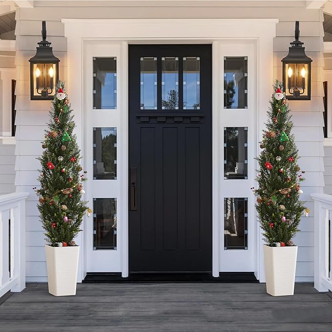 Artificial Cedar Trees 5FT Tall Artificial Bushes Cypress Shrubs, Fake Evergreen Shrubs with Extra Dense Foliage Realistic Potted & Pebbles Faux Plants for Front Porch Outdoor Christmas Tree