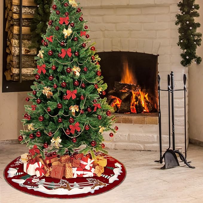 36 Inch Christmas Tree Skirt, Burlap Xmas Tree Mat with Snowflake & Reindeer, Red and White Rustic Xmas Tree Skirt Christmas Decorations for Party Indoor Merry Christmas Base Cover for Tree