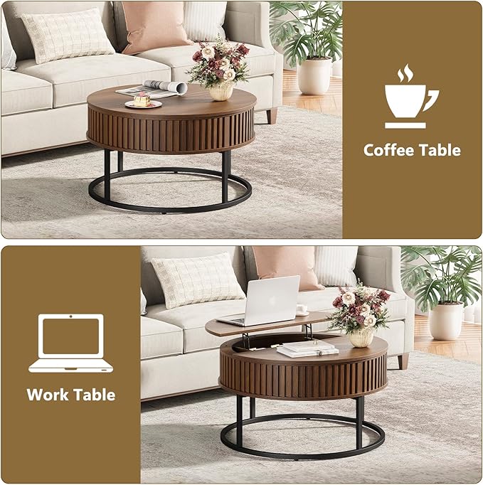 Round Coffee Table with Lift Top - Fluted Wood Center Coffee Tables for Living Room, Lifting Up for Dining, Large Hidden Circle Storage Compartment for Small Spaces, Mid Century Modern, Walnut