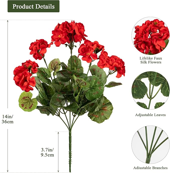 Plastic Flowers for Outdoors Home Decor Fake Plants Artificial Flowers Artificial Geraniums Outdoor Fake Flowers Silk Bouquet, Fall Decoration for Interior Porch Garden Decor(Red) 8PCS 14.4"
