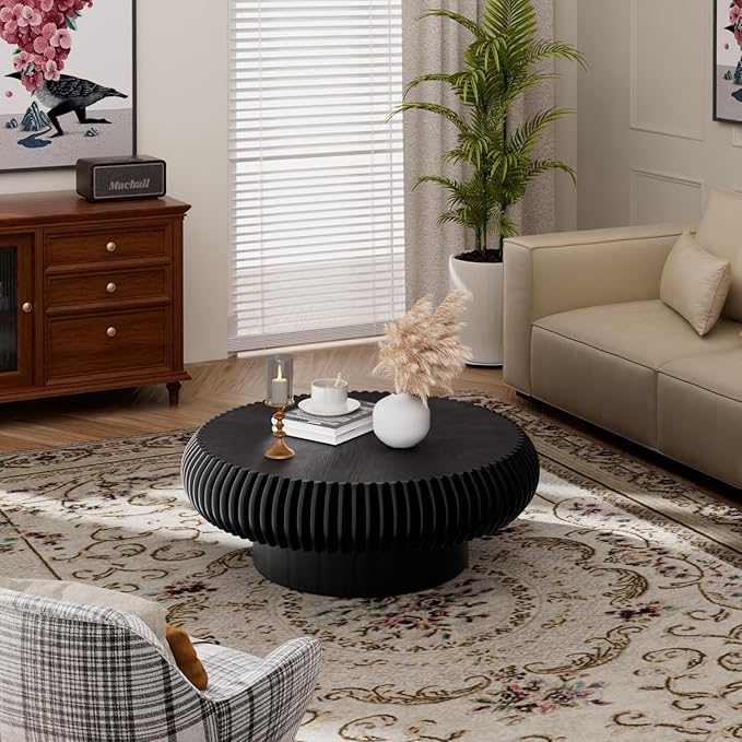 31.5" Drum Coffee Table Modern Unique Fluted Tea Table Contemporary Wood Round Coffee Table with Fluted Centry Table for Living Room Walnut (31.5" Black)