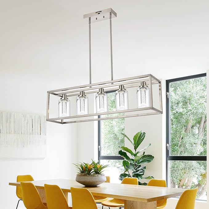 MELUCEE Linear Kitchen Island Lighting Brushed Nickel Led Bubble Crystal Chandeliers for Dining Room, 5 Lights Large Led Pendant Lights with Clear Glass, Built in LED Chips 5-Color Temperature Adjust