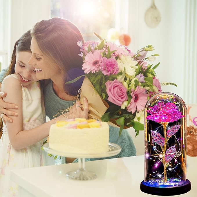 Christmas Rose Gifts for Women Mom, Womens Gifts for Christmas, Glass Flower Gifts for Sister, Rose Enchanted Crystal Flower Gift Light Up in Glass Dome,Birthday Gift for Women Wife