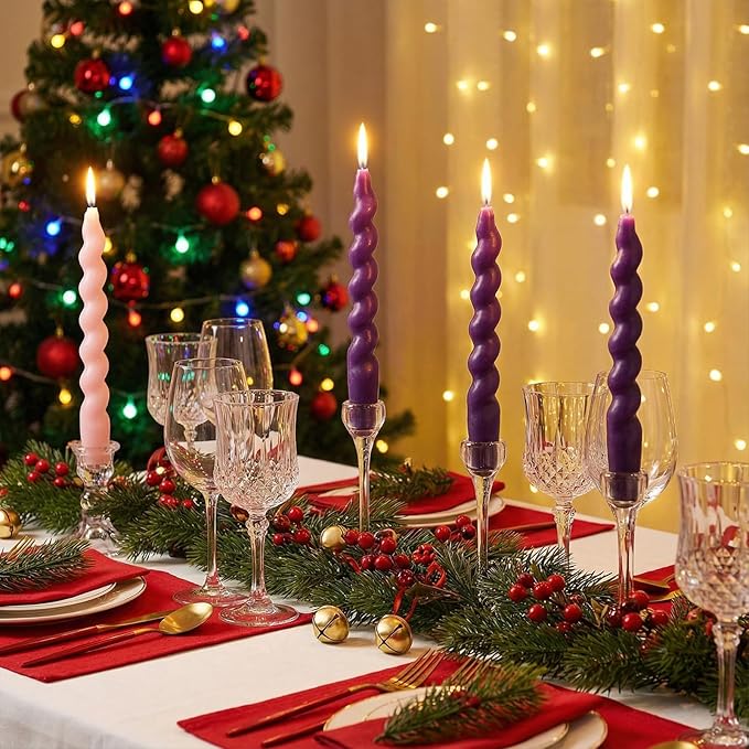 Zhengmy 4 Pcs Advent Spiral Taper Candle 7 Inch Twisted Long Wax Dinner Candlestick for Advent Wreaths Holiday Christmas Table Decor(Purple, Pink, Solid)