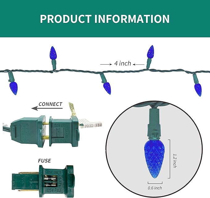C6 Christmas Lights String Blue Outdoor 50 LED Strawberry Xmas Tree Indoor Waterproof Decoration Plug in 18 Feet Used for Patio Party Festive Courtyard Home(Blue)