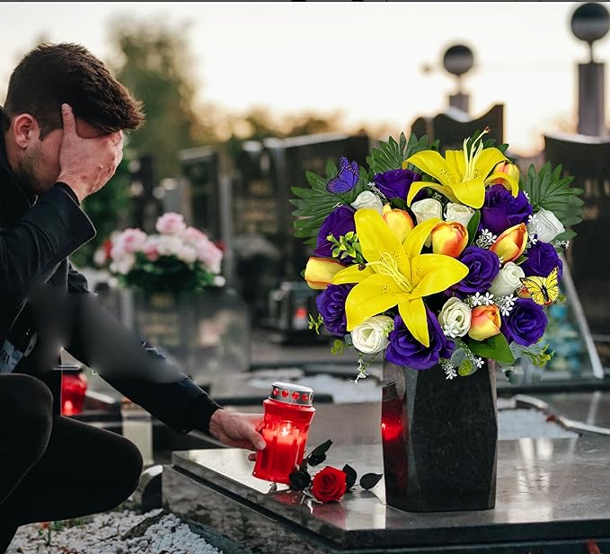 MUVIC Artificial Cemetery Flowers - Memorial Flowers - Outdoor Sympathy Grave Flower Decorations for Mothers Day,Fathers Day,Lily/Rose