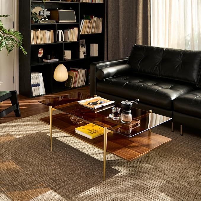 Saint Mossi Tadio X-Large Glass Coffee Table, Double Layer Glass Coffee Table for Living Room, Brown Glass & Coffee Brown MDF Bottom Shelf