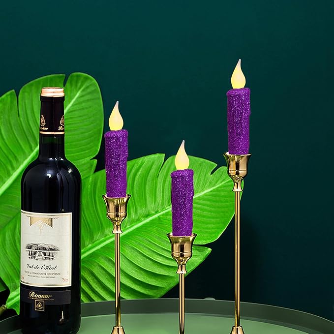 CVHOMEDECO. Glitter Flameless Candles Flickering Battery Operated LED Taper Candles with Timer for Home, Wedding, Halloween, Christmas Decor. Purple, 4-3/4 Inch, Set of 3