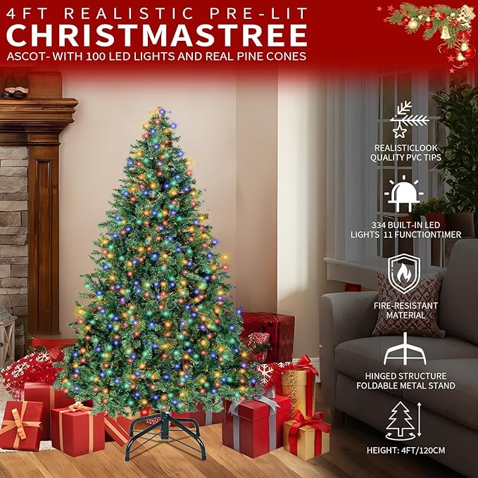 4FT Christmas Tree with Lights,Artificial Christmas Tree with 100 LED Lights and 334 Branch Tips,Xmas Tree with Foldable Stand Perfect for Indoor&Outdoor,Christmas Decoration for Party by DNKMOR