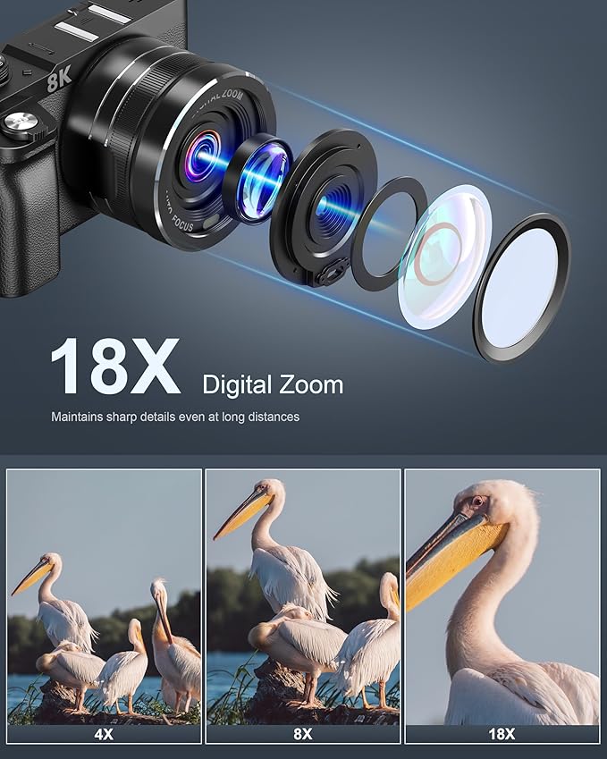 8K Digital Camera, 88MP Cameras for Photography, Vlogging Camera for YouTube with 3" 180° Flip Screen, 18X Zoom UHD Autofocus Video Camara with Lens Hood, 64GB Card