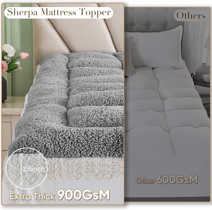 Cymula Twin XL Mattress Topper, Sherpa Mattress Pad for College Dorm Bed 2inch Extra Thick Mattress Cover with 900GSM Down Alternative Soft Pillow Top, Grey