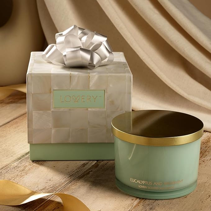 Christmas Eucalyptus Spearmint 3 Wick Candle Set with Candle Wick Trimmer, Pure Soy, Strong Smelling Candles for Home Scented Bath & Bedroom, Large Candle Gift Set for Women, Mom, Sister, Coworkers
