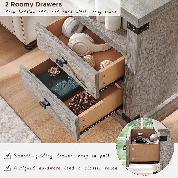 RedLemon Farmhouse Nightstand with Charging Station, 18" Rustic Night Stand with 2 Storage Drawers, Wood End Table for Bedroom, Living Room, Light Rustic Oak