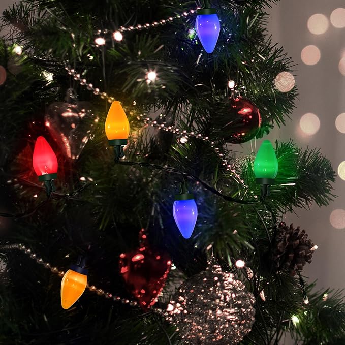 Anycosy Christmas Lights Outdoor, 100 LEDs C7 String Lights with Timer Function Battery Operated 8 Modes for Christmas Decorations