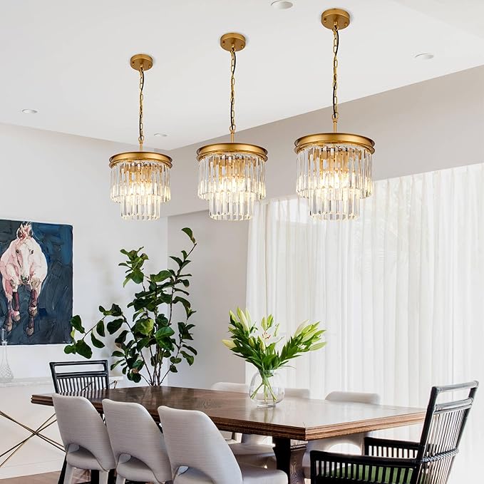 3-Pack Crystal Pendant Lights 11.8" Modern Crystal Chandelier 3-Light 2-Tier Luxury Gold Round Hanging Lighting Fixture for Dinning Room Bedroom Living Room Foyer Kitchen Island