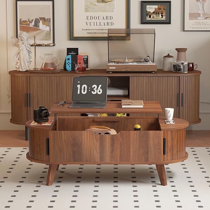 Small Lift Top Coffee Table with Sliding Tambour Door, 47.3" Mid Century Modern Curved Coffee Table with Storage, Oval Center Table with Lift Tabletop for Living Room (Doors, Walnut)