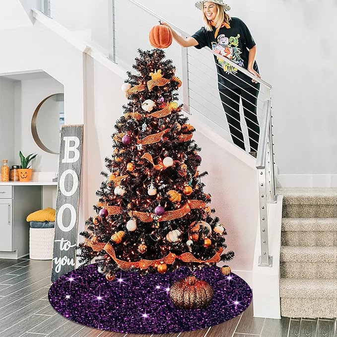 FUHSY Purple Tree Skirt Christmas 48 Inches Sparkly Sequin Tree Skirt Velvet Large Tree Skirts Collar Halloween Tree Skirts Royal Purple Christmas Tree Ornaments for Holiday Party Indoor Outdoor