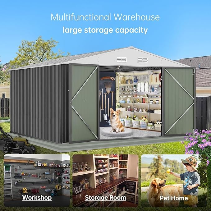 12X10FT Metal Storage Shed - Large Waterproof Tool Metal Shed with Lockable Doors & Vents, All-Weather Outdoor Sheds for Lawn Mower, Bike