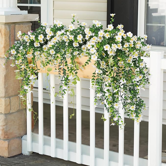 RECUTMS Artificial Hanging Flowers Plants for Outdoors Fake Hanging Plants 4 Pcs UV Resistant Silk Daisy Flower Realistic Faux Trailing Vine for Wall Yard Porch Balcony Indoor Outdoor Planters (White)