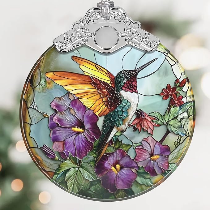 Stained Glass Hanging Ornament - Christmas Tree Decoration, Gift Idea for Holidays - Hummingbird