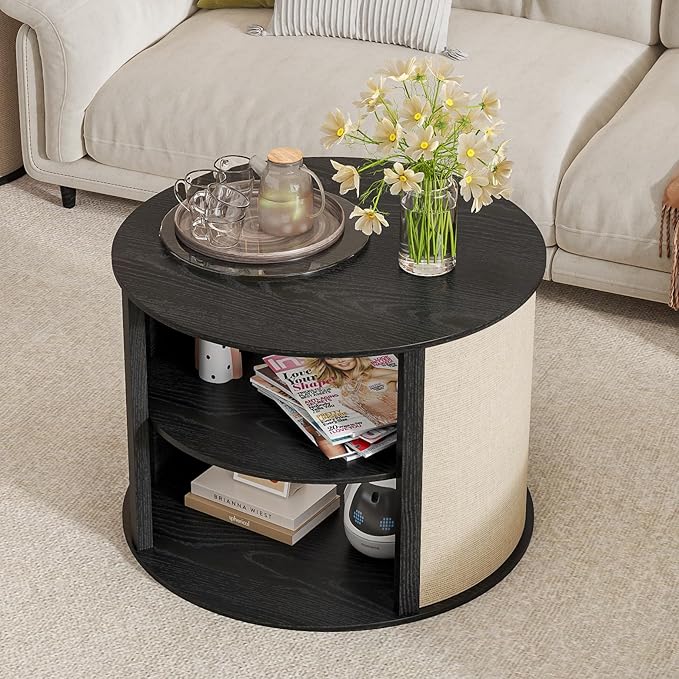 Black Round Coffee Table with Storage, 2-Tier Boho Wood Center Coffee Table with Adjustable Shelf, Sackcloth Finish, Farmhouse, Mid Century Modern, for Living Room, 27.5 Inches