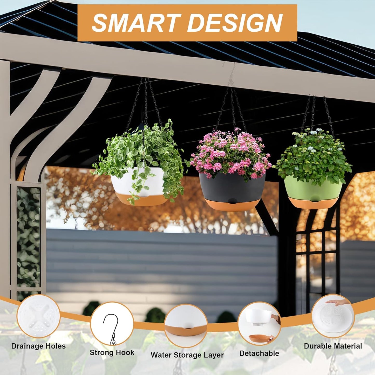 8/10/12 inch Hanging Planters for Indoor Outdoor Plants with Self-Watering Pots, 3 Pack Plastic Hanging Basket with Removable Tray for Home Garden Porch Balcony Patio Decor(White+Black+Green)