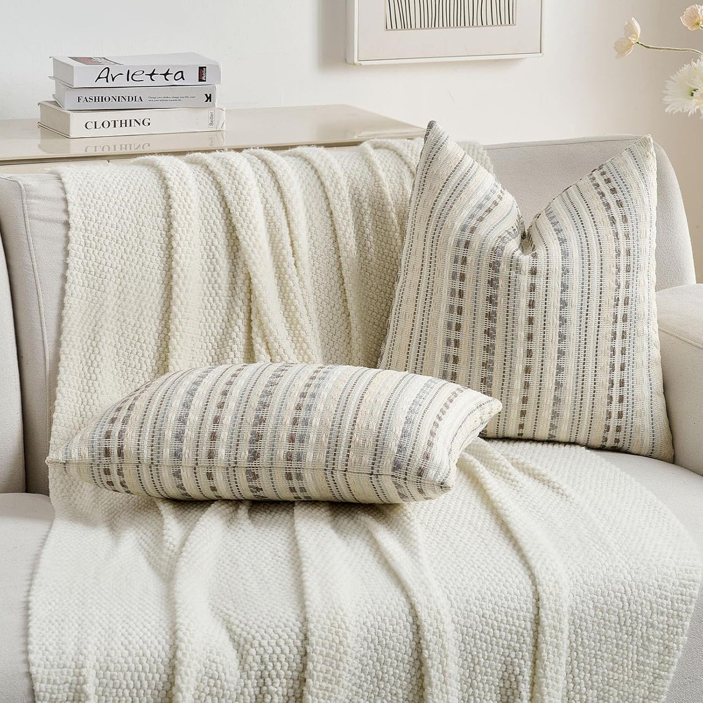 FUTEI Grey White Decorative Throw Pillow Covers 12x20 Inch Set of 2,Soft Cozy Chenille Jacquard Textured Pillow Case,Boho Home Decor for Couch Bed Living Room