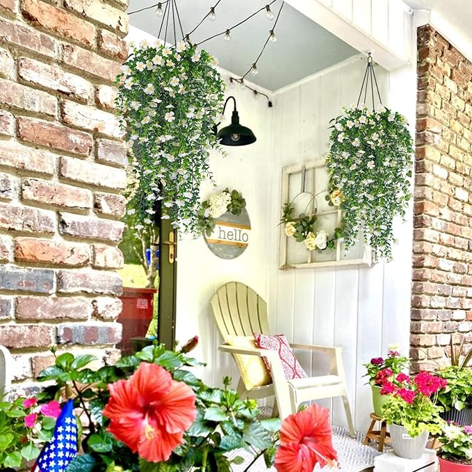 RECUTMS Artificial Hanging Flowers Plants for Outdoors Fake Hanging Plants 4 Pcs UV Resistant Silk Daisy Flower Realistic Faux Trailing Vine for Wall Yard Porch Balcony Indoor Outdoor Planters (White)