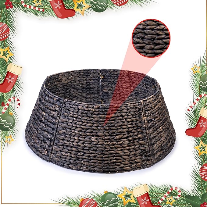24in Christmas Tree Collar, Christmas Tree Ring Adjustable Water Hyacinth Skirt, Christmas Tree Skirt for Decoration, Base Protection from Pets (Black)