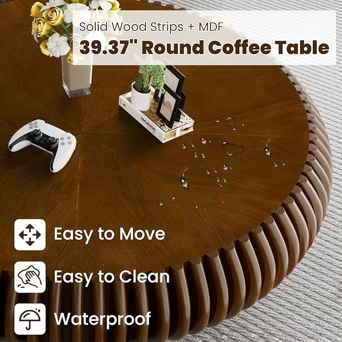 39.3" Drum Coffee Table Modern Unique Fluted Tea Table Contemporary Wood Round Coffee Table with Fluted Centry Table for Living Room Walnut (39.3" Walnut)