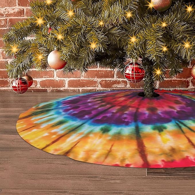 BLUBLU 30" Christmas Tree Skirt Xmas Tree Mat, Funny Party Decor Supplies for Halloween Decorations Occasion Tie Dye Colorful Rainbow