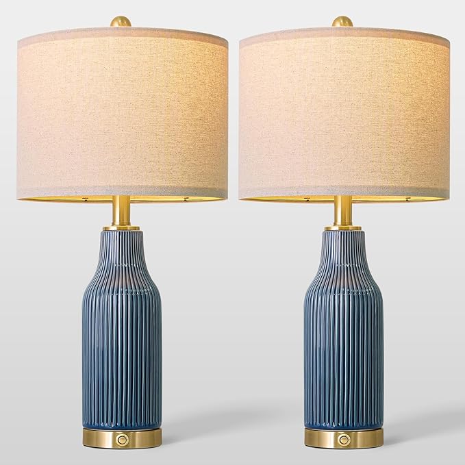 24.5" Modern 3-Way Dimmable Touch Control with USB A+C Ceramic Lamps Set of 2 Table Lamp for Living Room Bedroom Farmhouse Nightstand Bedside Blue