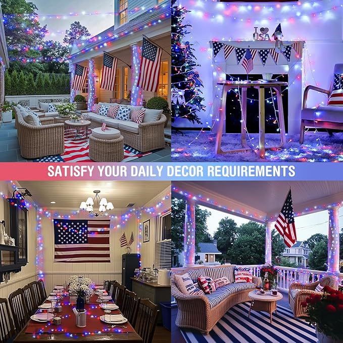 JMEXSUSS 2 Pack 100 LED Red White and Blue Lights, 33ft Connectable 4th of July Lights Outdoor, 8 Modes Patriotic String Lights Indoor for Independence Day 4th of July Memorial Day Holiday Decor