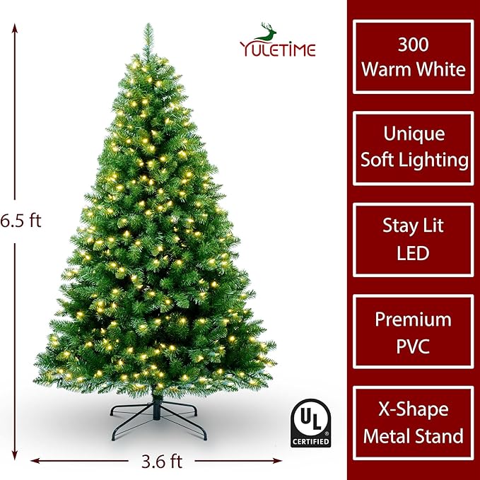 YULETIME 6.5ft Pre-Lit Christmas Tree, Hinged Green Artificial Holiday Decorative Tree with UL Listed 300 Warm White LED Christmas Lights (6.5' Warm White)