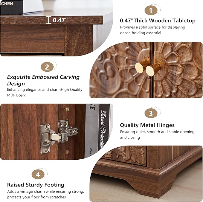 End Table Set of 2, Carved Floral Square Nightstand with Adjustable Shelf, Farmhouse Wooden 2 Door Side Table for Living Room Bedroom (Walnut)