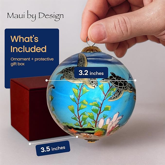 Collectible Kauai Turtles Ornament Hand-Painted Glass with Gift Box PT/K