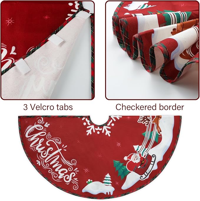 36 Inch Christmas Tree Skirt, Burlap Xmas Tree Mat with Snowflake & Reindeer, Red and White Rustic Xmas Tree Skirt Christmas Decorations for Party Indoor Merry Christmas Base Cover for Tree